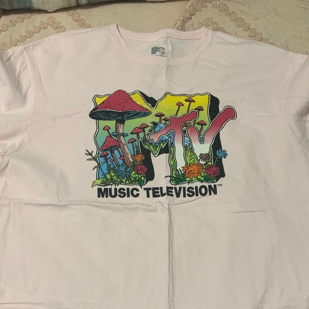 MTV Pink Tee with Vibrant Mushroom Design